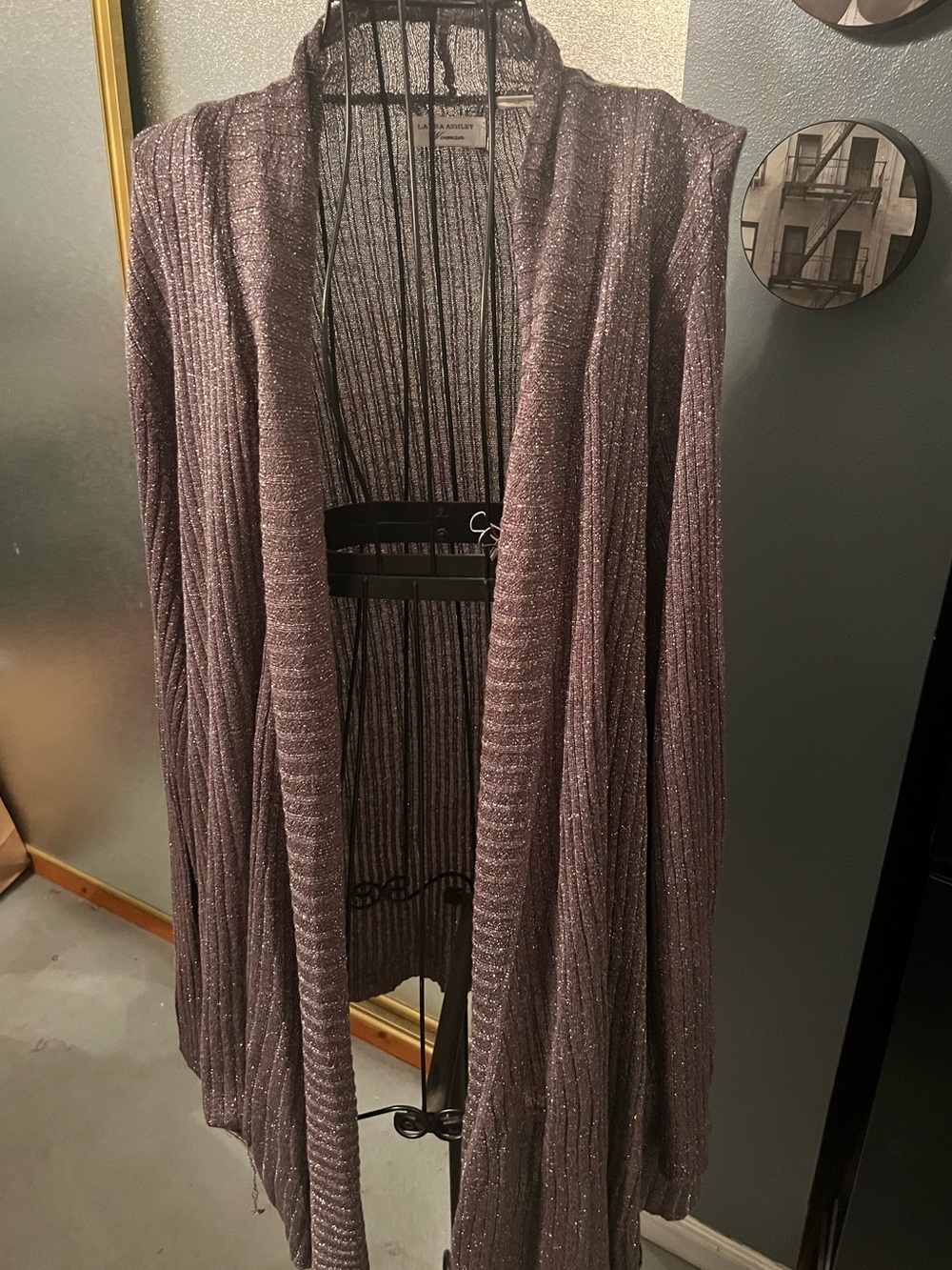 Women’s Laura Ashley Metallic Gray Open-Front Cardigan Sweater